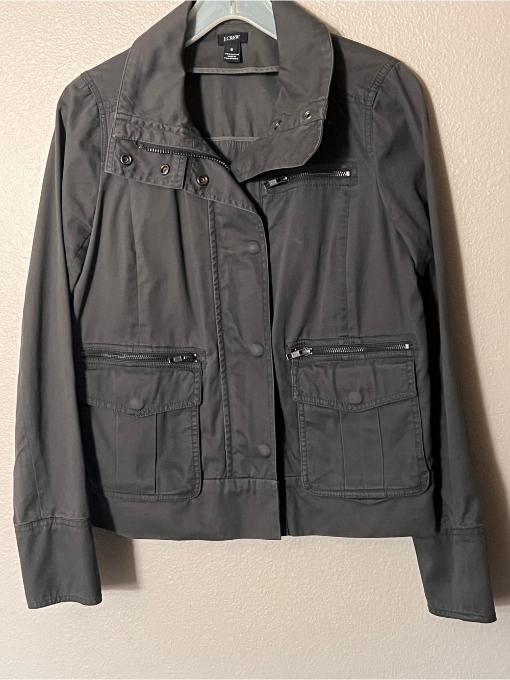 J Crew Army Green Utility Jacket zip pocket snaps  Size small